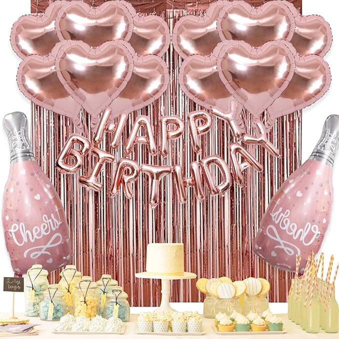 Rose Gold Balloons Foil Curtains 29 Pcs Rose Gold Party Decor Rose Foil Helium Wine Balloons Boy Birthday Party Decorations for Girls Women Party Supplies