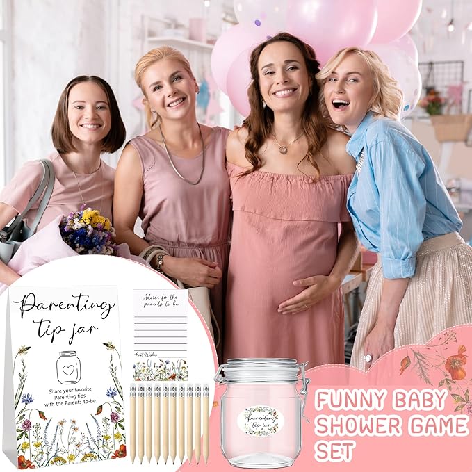 Roowest Baby Shower to Baby Advice Cards for New Parents to Be - Tip Jar Sign for New Parents 60 Parenting Advice Cards 10 HB Pencils 2 Cute Stickers 1 Pet Bottle for Guests Games(Wild Flower)