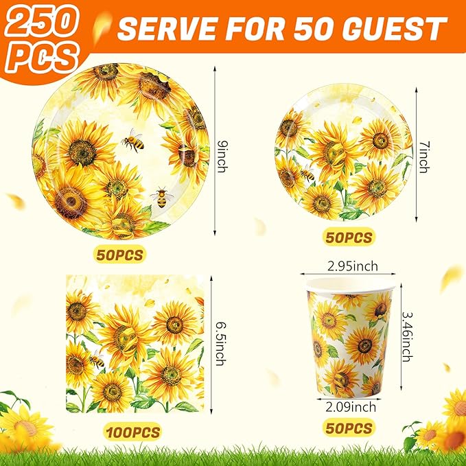 Pickmesh 250 Pcs Sunflower Party Supplies Decorations Serve 50 Sunflower Disposable Paper Plates Napkins and Cups Tableware Set for Floral Birthday Wedding Bridal Shower Baby Shower Tea Party Supplies