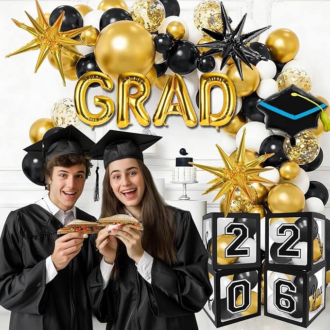 2026 Graduation Boxes Decorations,Black and Gold Balloon Garland Arch Kit with GRAD,2026 Balloon Boxes,Graduation Cap Decor for High School,College Graduation Party Supplies