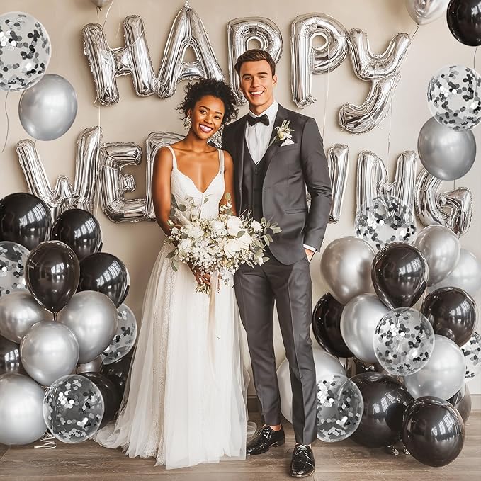 Black and Silver Confetti Balloons, 60pcs 12 inch Silver Metallic Chrome Latex Balloons and Black Latex Balloons for Birthday Wedding and Graduation Party Decorations