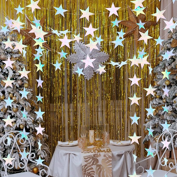 Spakon 65 Feet Glitter Star Paper Garland Banner Hanging Decoration Star Streamers Double Side 2026 Graduation Decorations for Wedding Birthday Festival New Year Party Decoration (Iridescent)
