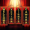 Panelee 4 Pcs Movie Night Porch Banner Movie Themed Party Decorations Theater Welcome Lights Camera Action Front Door Sign Hanging Decoration for Home Photo Film Booth Backdrop Party Supplies