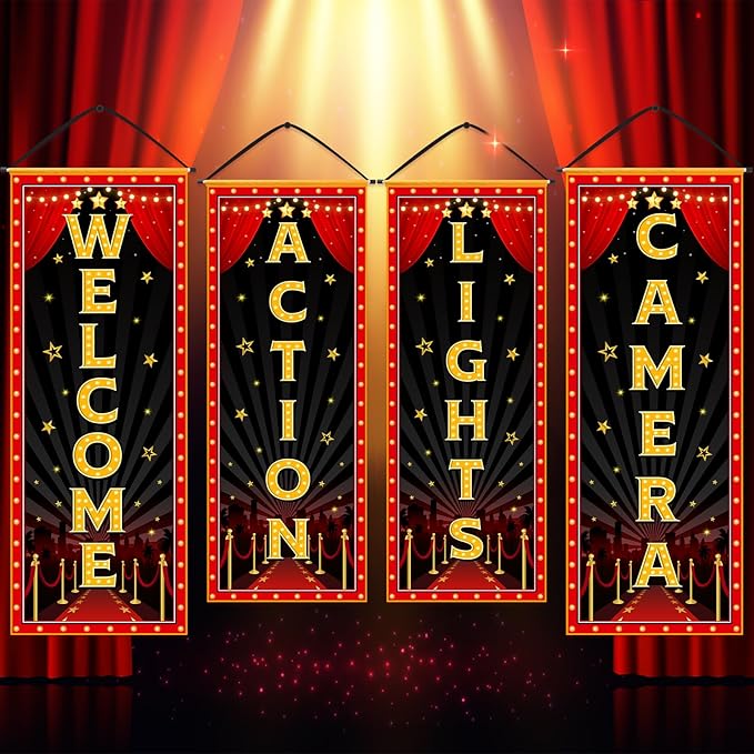 Panelee 4 Pcs Movie Night Porch Banner Movie Themed Party Decorations Theater Welcome Lights Camera Action Front Door Sign Hanging Decoration for Home Photo Film Booth Backdrop Party Supplies