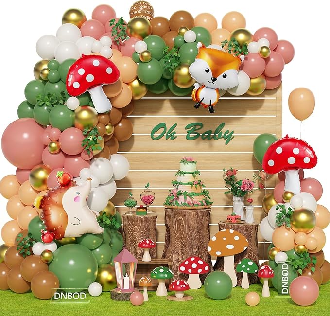 158Pcs Sage Green Pink Gold Woodland Balloon Garland Arch Kit,with Mushroom,Fox,Hedgehog Foil Balloons for Forest Fairy Wild Animal Theme Baby Shower Birthday Spring Garden Tea Party Decorations