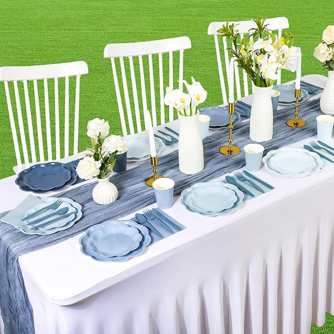 168 Pcs Dusty Blue Paper Plates and Napkins 24 Guests Gradient Scalloped Disposable Tableware Party Supplies Set for Baby Shower Wedding Birthday Garden Tea Party (Dusty Blue)