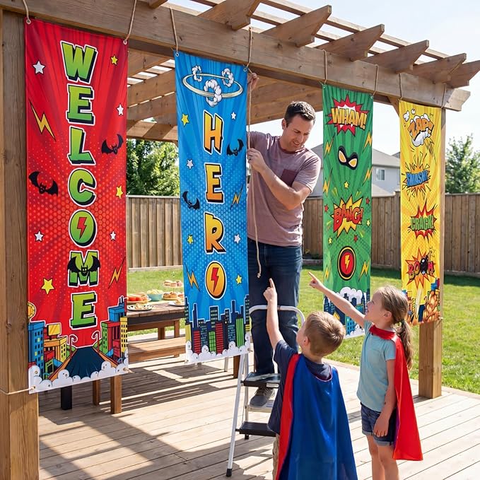 Panelee 4 Pcs Hero Theme Party Banners Hero Party Decorations City Comic Skyline Porch Sign Hanging Door Banner for Cityscape Birthday Backdrop Supplies