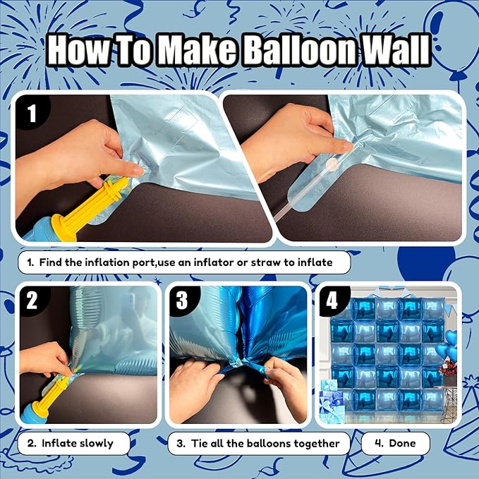 36PCS Square Foil Balloon Wall Backdrop,19 inch Double-Sided Metallic Balloons for Party,Wedding,Anniversary,Birthday,Graduation,Halloween,Shiny Balloon Decor (Dark Blue&Light Blue)