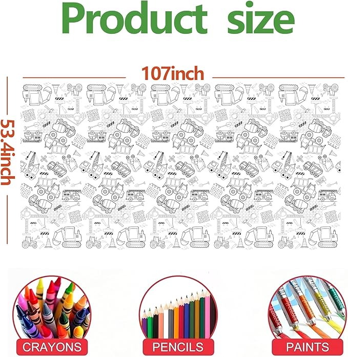 Giant Construction Coloring Tablecloth,54x108 Inch, Construction Birthday Party Supplies Construction Theme Party Favors