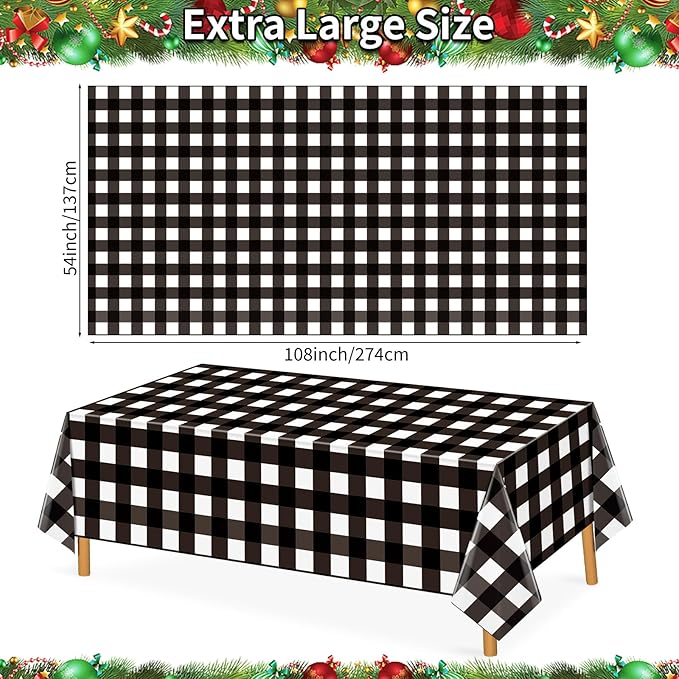 2 Pack Black and White Checkered Tablecloths 54"x108" Christmas Buffalo Plaid Tablecloths Disposable Plastic Waterproof Table Cloths for Christmas Picnic Camping Outdoor Birthday Decors
