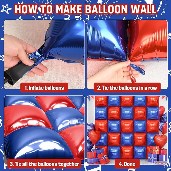 Red and Blue Square Foil Balloons Wall, Double Sided Chrome Deep Blue Red Balloons Tunnel Arch Kit Backdrop for Boys Birthday Graduation 4th of July Nautical Party Theme Decorations