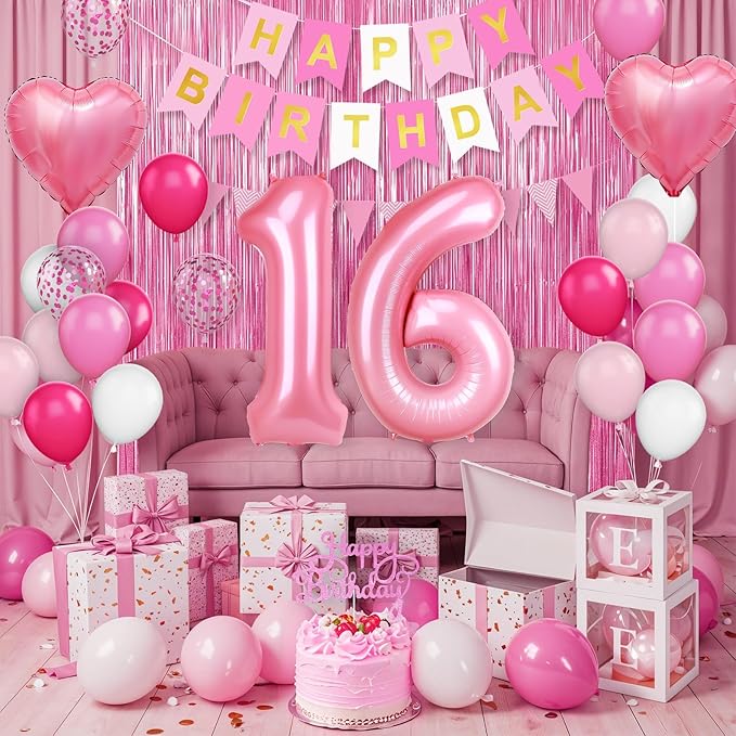 16th Birthday Decorations for Girls,Hot Pink 16th Birthday Balloons with Happy Birthday Banner Fringe Curtain Heart Foil Balloons for 16 Year Old Birthday Decor