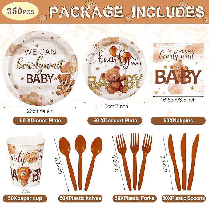 Dandat 350 Pcs Baby Shower Party Supplies Serves 50 Tableware Sets Include Plates Napkin Cup Forks Knives Spoons Disposable Dinnerware(Bear,Brown)