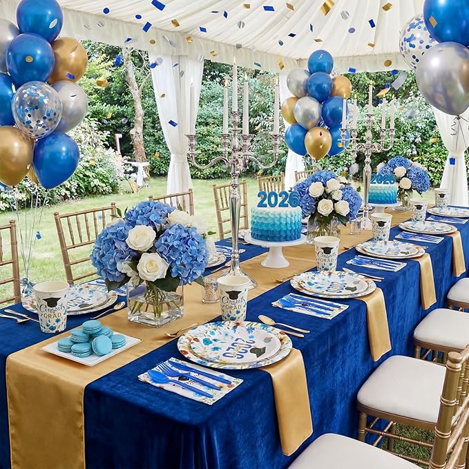 400 Pcs Class of 2026 Blue Floral Graduation Decorations for 50 Guests, Blue Gold Flower Graduation Paper Plates Napkins and Cups Cutlery Grad Tableware for 2026 Congrats Grad Party Supply