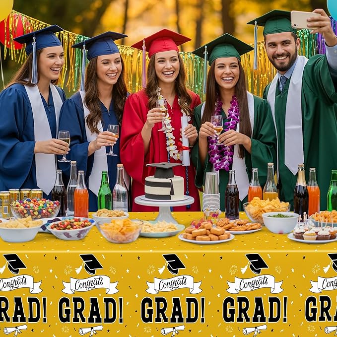 2 PCS 2026 Graduation Table Decorations, 108" X 54" Yellow Plastic Graduation Table cloths, Disposable Tablecover for Class 2026 Congrats Grad, Rectangle TableCloths for Grad Decor Party Supplies