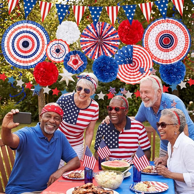29PCS 4th/Fourth of July Patriotic Decorations Set - Red White Blue Paper Fans,USA Flag Pennant,Star Streamer,Pom Poms,Hanging Swirls Party Decor Supplies