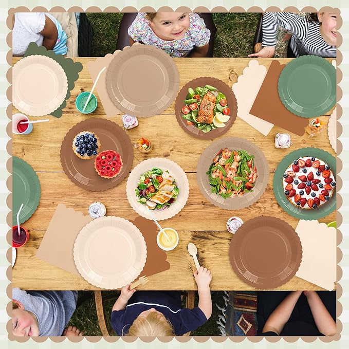 168 Pcs Woodland Baby Shower Tableware set Sage Green and Brown Party Supplies Include Forest Scalloped Plates Paper Napkin Cup Knife Fork Spoon for Safari Jungle Neutral Birthday,Wedding