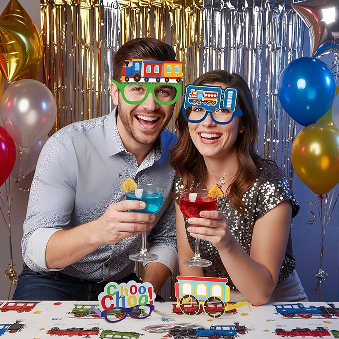 Pajean 32 Pcs Train Party Decoration Train Themed Paper Eyeglasses Photo Booth Props Transportation Party Supplies Paper Glasses Frame for Traffic Birthday Christmas Gift Decor Prizes