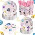 140PCS Space Themed Paper Plates Party Supplies Decorations, Supplies for Girls Baby Birthday Party Decorations Pink Moon Star Outer Space Planet Theme Plates Set for 20 Guests