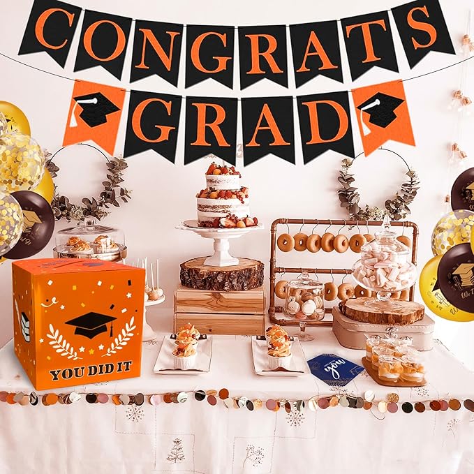 Graduation Card Box, Graduation Party Decorations 2025, Graduation Box, Graduation Card Holder, Foldable Cardboard Congrats Grad Card Gift Box for Graduation Party Supplies Party Favors Orange