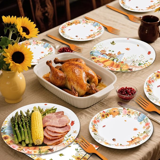 96 Pieces Thanksgiving Fall Plates and Napkins Tableware Set, Colorful Pumpkin Maple Disposable Dinnerware with Paper Plates, Napkin, and Fork for Thanksgiving Autumn Harvest Party Supplies- Serves 24