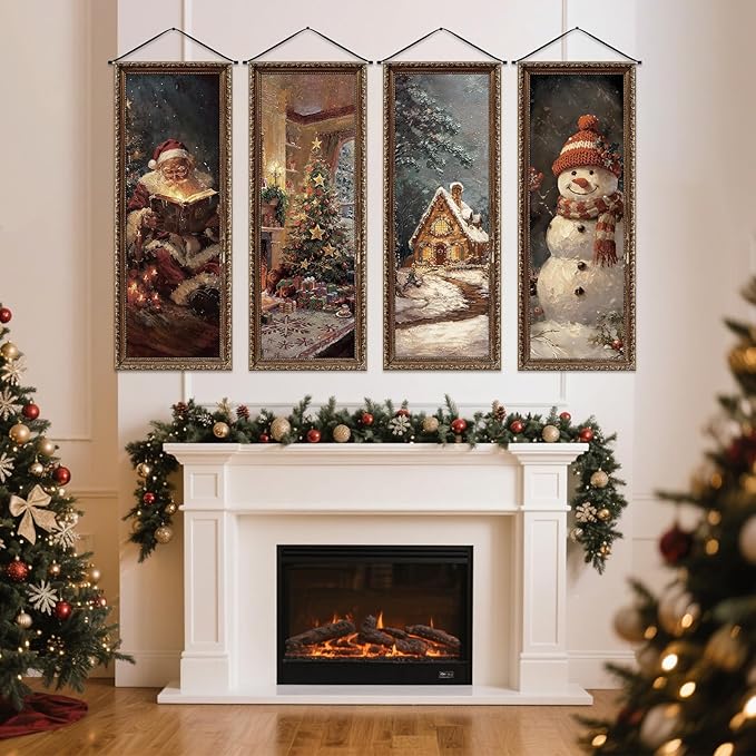 Panelee 4 Pcs Vintage Christmas Porch Banners Retro Snowman Santa Winter Rustic Xmas Tree Stretching Portraits Wall Decorations Christmas Porch Sign Backdrop for Xmas Indoor Outdoor Wall Hanging Decor
