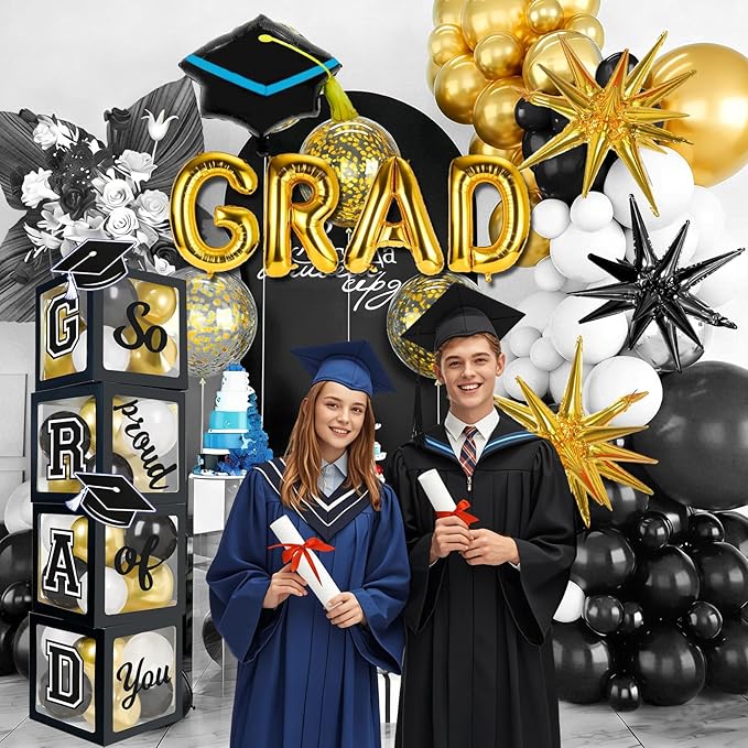 2026 Graduation Boxes Decorations,Black and Gold Balloon Garland Arch Kit with GRAD,2026 Balloon Boxes,Graduation Cap Decor for High School,College Graduation Party Supplies
