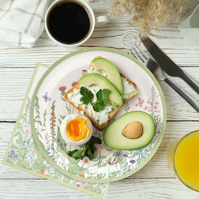 80pcs Wildflower Party Plates Disposable Tableware Set Green Paper Plates for 20 Guests Kids Party Spring Summer Picnic Wedding Tea Party Table Supplies (Include Plates, Cups and Napkins)