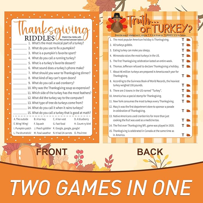 COCHIE 30 Players Thanksgiving Games for Family Party Adults Office Large Groups, Truth or Turkey Games, Autumn Riddles Game, Fall Classroom Activities with Answer Key (Thanksgiving C)