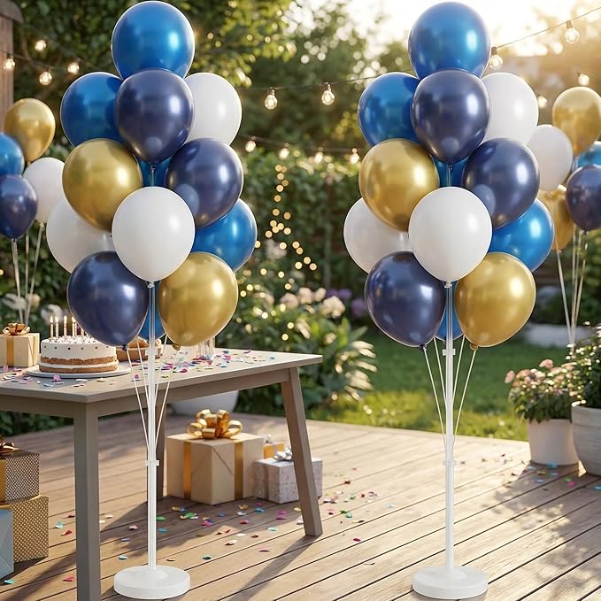 Balloon Column Kit Set of 2 With Balloons Included - Balloon Tower with Stand, Base, and Pole,Backdrop Decoration for Wedding, Baby Shower, Birthday Party, or Bachelorette Parties (Gold Blue white)