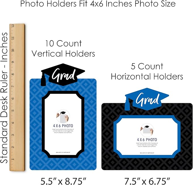 Blue Graduation Party Decoration, Photo Display Centerpiece Kit, 15 Double-Sided Photo Table Topper Sticks, Vertical and Horizontal 4x6 Picture Holders - Blue Grad