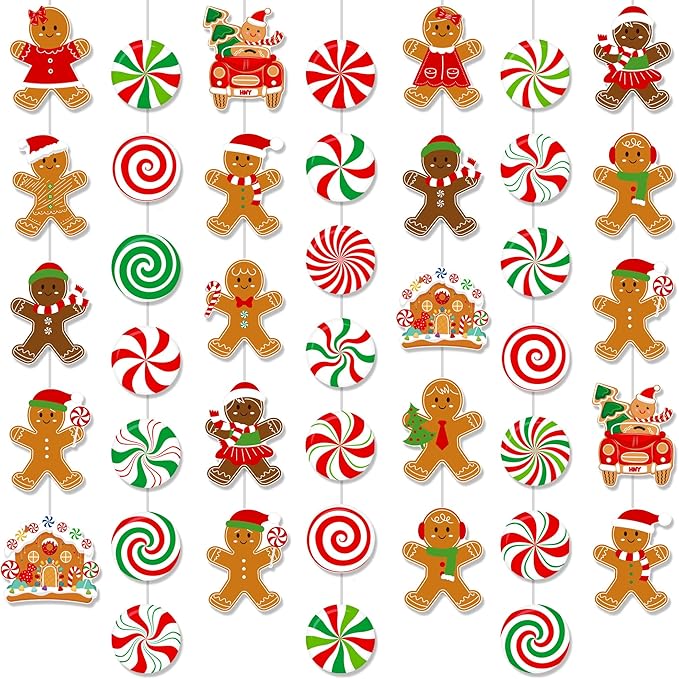 Gingerbread Man Hanging Garlands 8PCS Christmas Party Supplies Christmas Candy Cane Peppermint Hanging Paper Garlands Gingerbread House Banner for Boys Girls Xmas Santa Claus Holiday Decor