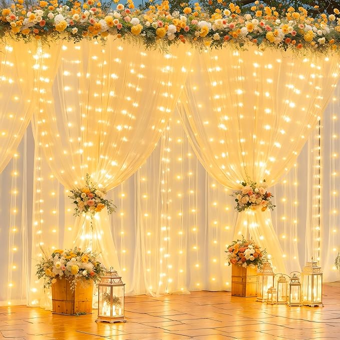 10x10FT Champagne Wrinkle Free Backdrop Curtains with Lights String for Parties - Photo Curtain Backdrop with Lights for Wedding Decorations, Bridal Baby Shower Birthday Party Photography Background