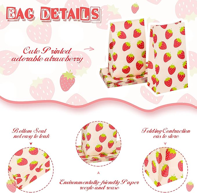 Chrisfall 20 Pcs Strawberry Party Favor Bags Strawberry Candy Paper Goodie Bags Cute Snack Treat Decoration for Fruit Themed Birthday Wedding Baby Shower