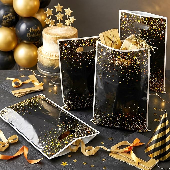 50 PCS Black and Gold Party Favor Gift Bags, Plastic Bags with Handles,Candy Snack Cookie Bags, Party Gift Bags Bulk for New Year Christmas Party Favors Supplies Graduation Decorations Baggies