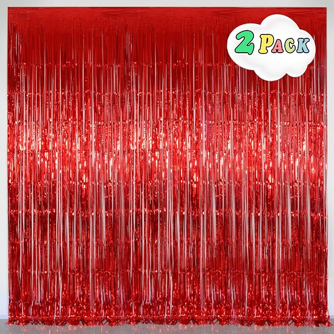 Red Tinsel Fringe Backdrop, Melsan 3.2 x 8 ft Red Metallic Foil Curtains Streamer for Birthday, Anniversary, Photo Booth for Party,2 Packs