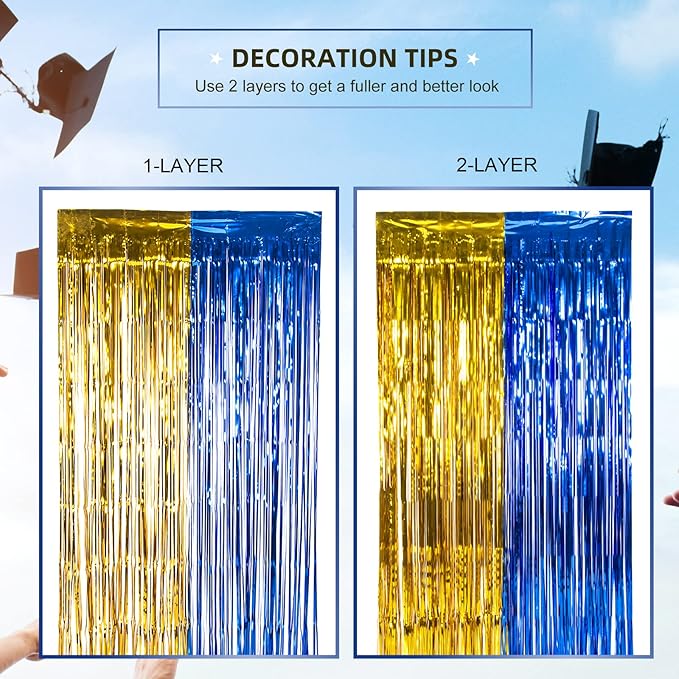 LOLStar Graduation Party Decoration, 2 Pack Blue and Gold 3.3x6.6 ft Foil Fringe Curtains, Tinsel Backdrop, Graduation Photo Booth Prop Streamer Backdrop for Class of 2026, Prom and Grad Party Decor