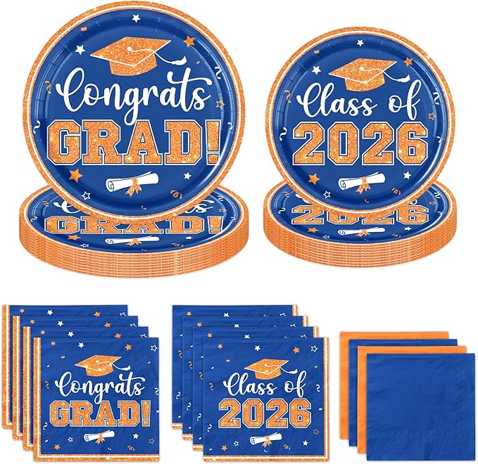 Orange and Blue Graduation Decorations, 200pcs Orange Graduation Plates and Napkins Class of 2026 Plates for Graduation Party Supplies,Serve 50