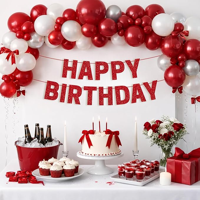 Pre-strung Happy Birthday Banner - No DIY - Red Glitter Happy Birthday Party Banner for Men Woman Boys Girls - Pre-strung on 8 ft Strands - Red Bday Party Decorations & Decor. Did We Mention No DIY
