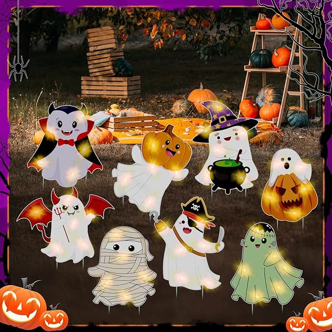 Amyhill 8 Pcs Lighted Cute Ghost Yard Signs Halloween Decorations Outdoor Yard Stakes Spooky Pumpkin Ghost Witch Garden Signs with Stakes for Halloween Happy Boo Party Lawn Patio Outdoor (Classic)