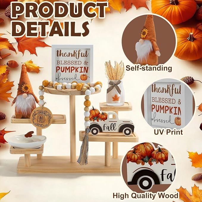 Thanksgiving Decorations for Home 6PCS Tiered Tray Decor Set, Tabletop Fall Decor for Tray Shelf Mantel Fire Place Office Desk Thanksgiving Autumn Table Centerpieces Pumpkin Farmhouse Wood Signs