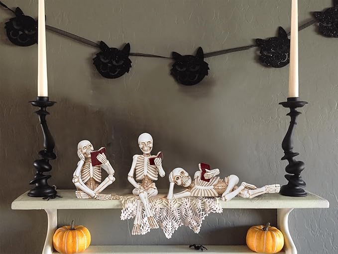 3 Piece Halloween Indoor Decor Figurines Sitting Skeleton Statue Halloween Decorations mini Reading Skull Figurine Home Decor for Living Room Table Shelf Ornament