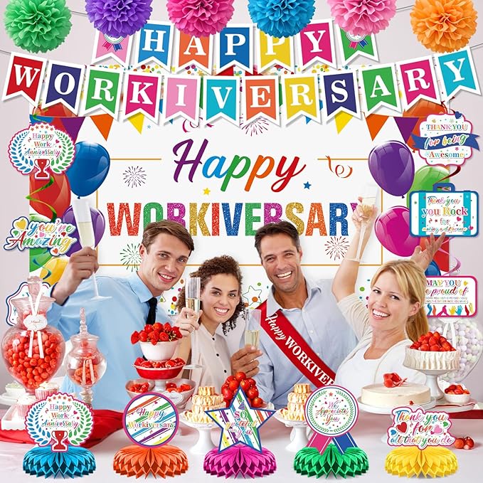 Happy Work Anniversary Decorations Colorful Happy Workiversary Banner Honeycomb Centerpieces Hanging Swirls Tissue Paper Pompoms Sash for Men Women Office Employee Worker Pastor Appreciation Supplies