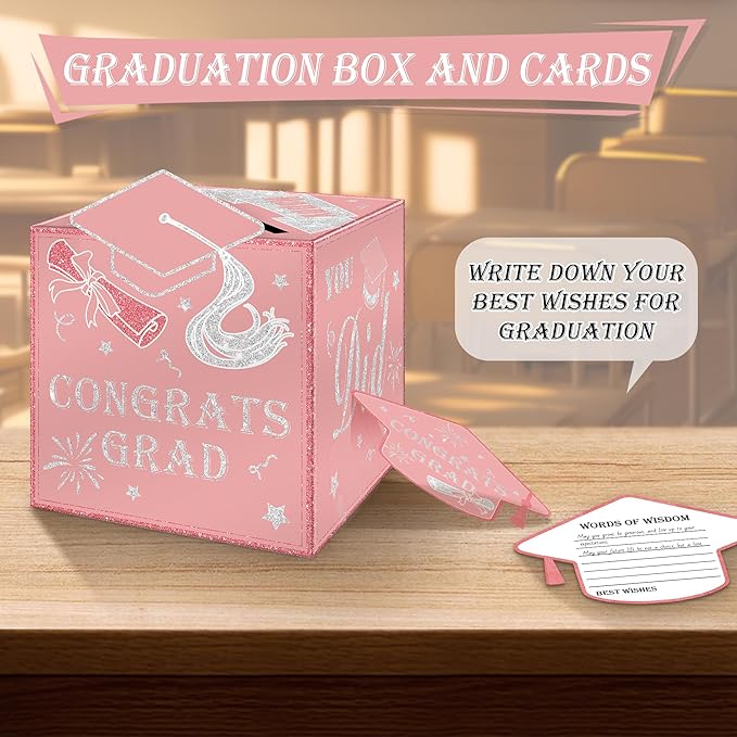 AYGXU graduation card box Holder 2026 with 30pcs graduation cards,Graduation party Decorations,graduation box for gifts and Cards,graduation money box,Graduation Party Supplies-pink card box