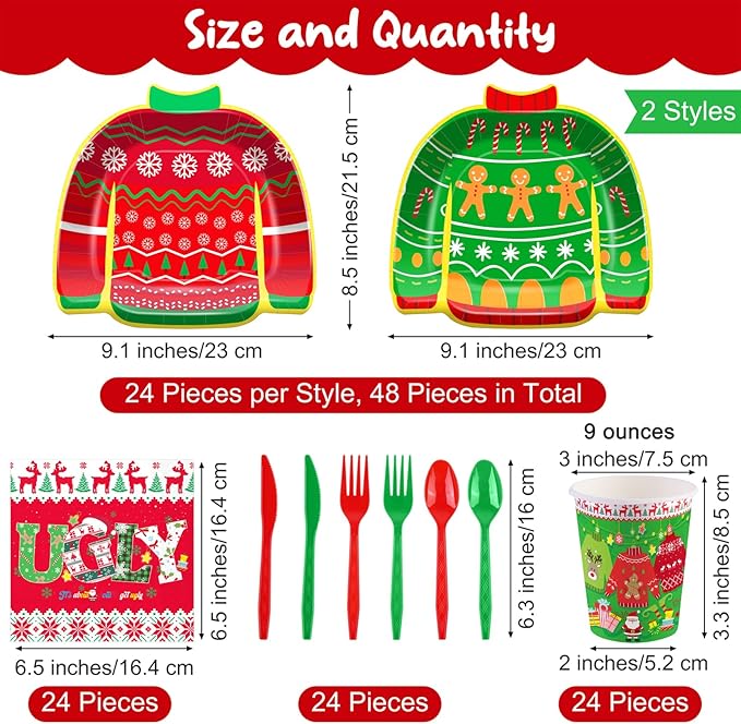 durony 168 Pieces Ugly Sweater Christmas Paper Plates Ugly Sweater Party Decorations Xmas Disposable Dinnerware Set Ugly Party Plates Napkins Cups Cutlery Party Supplies Set, Serves 24 Guests