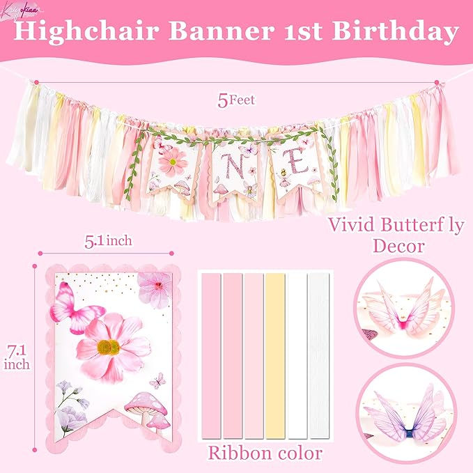 Highchair Banner 1st Birthday Girl Floral and Butterfly Fairy Theme First Birthday Party Decoration for Photo Background