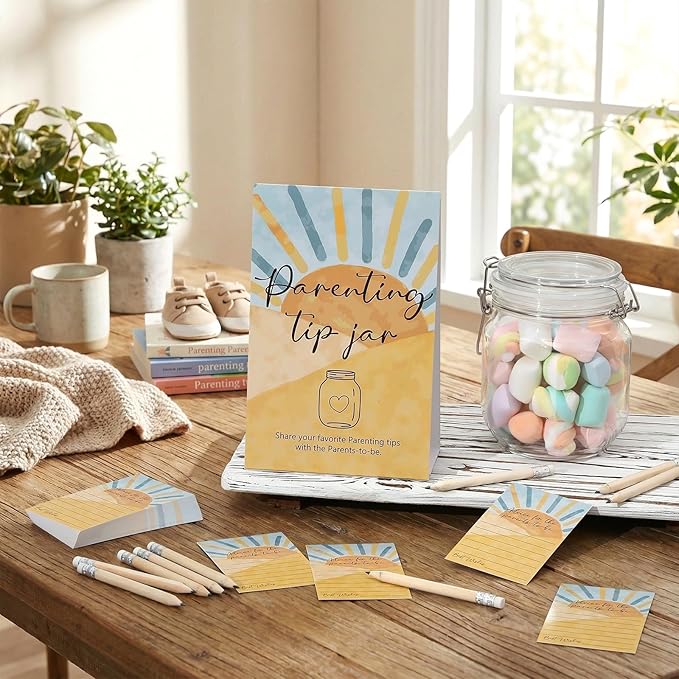 Roowest Baby Shower to Baby Advice Cards for New Parents to Be - Tip Jar Sign for New Parents 60 Parenting Advice Cards 10 HB Pencils 2 Cute Stickers 1 Pet Bottle for Guests Games (Sun)