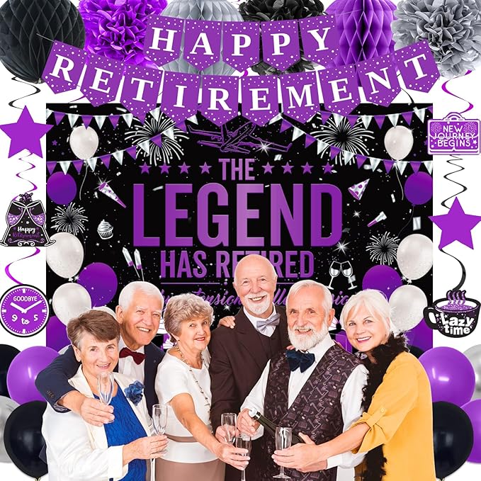 Retirement Party Decorations Women, Purple Black Happy Retirement Decorations Female, Happy RetIrement Banner, Retired Backdrop, Balloons, Pompoms, Hanging Swirls, Retired Cake Topper, 54pcs