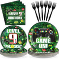 Grencian 96 Pcs 9th Video Game Birthday Party Decorations Green Video Game Level 9 Birthday Plates and Napkins Tableware Sets for Kids Boys 9 Years Old Gamer Gaming Party Supplies Favors Serves 24