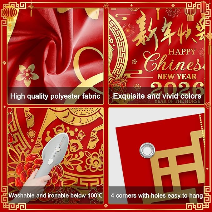 Mocsicka 2026 Chinese New Year Backdrop Banner 2026 Lunar The Year of The Horse Decorations Banner Chinese Spring Festival Family Party Decorations Photo Background (6x3.6ft)